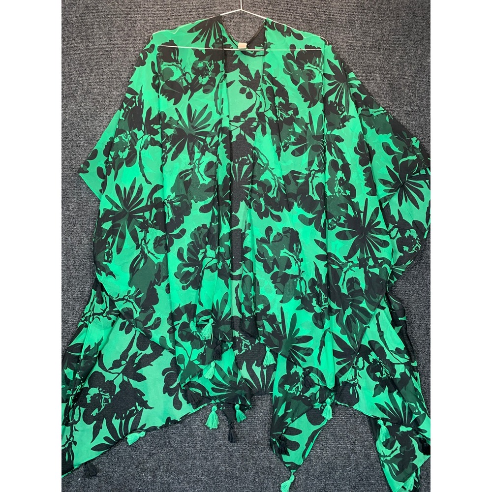 Cato Kimono Wrap OS L/ XL  Green Black Floral Tassel Boho Chiffon Cover Up Flowy